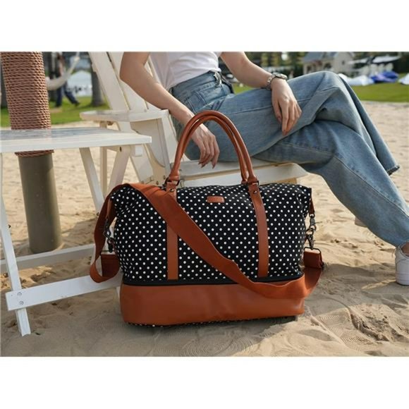 Leather Large Travel Duffel Tote Bag Carry On With Shoe Compartment (Black) - Picture 7 of 14